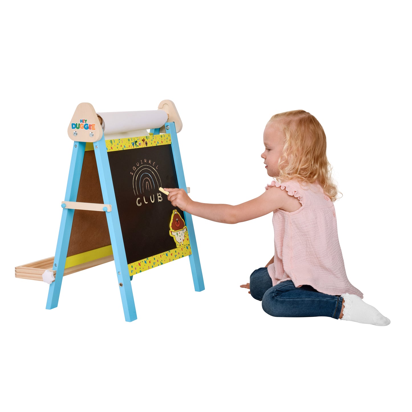 Hey Duggee - Wooden Tabletop Easel – Double-Sided Chalkboard & Whiteboard with 10m Paper Roll, Magnets, Chalks & More, Encourages Creativity & Fine Motor Skills, FSC Certified for Children 3 Years+