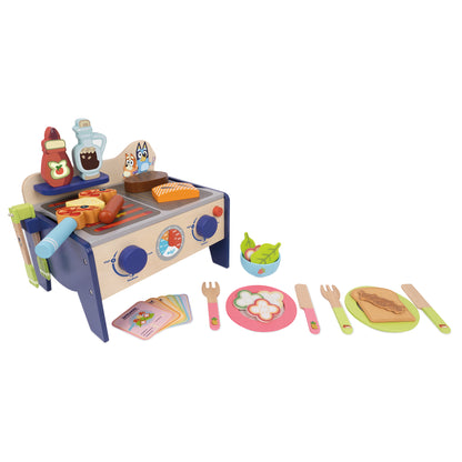 Bluey – Wooden BBQ and Salad Set, 33-Piece Colourful Playset with Tongs and Food Pieces – Realistic Role-Play & Imaginative Fun for Ages 3 Years and Up