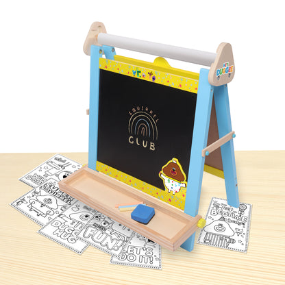 Hey Duggee - Wooden Tabletop Easel – Double-Sided Chalkboard & Whiteboard with 10m Paper Roll, Magnets, Chalks & More, Encourages Creativity & Fine Motor Skills, FSC Certified for Children 3 Years+