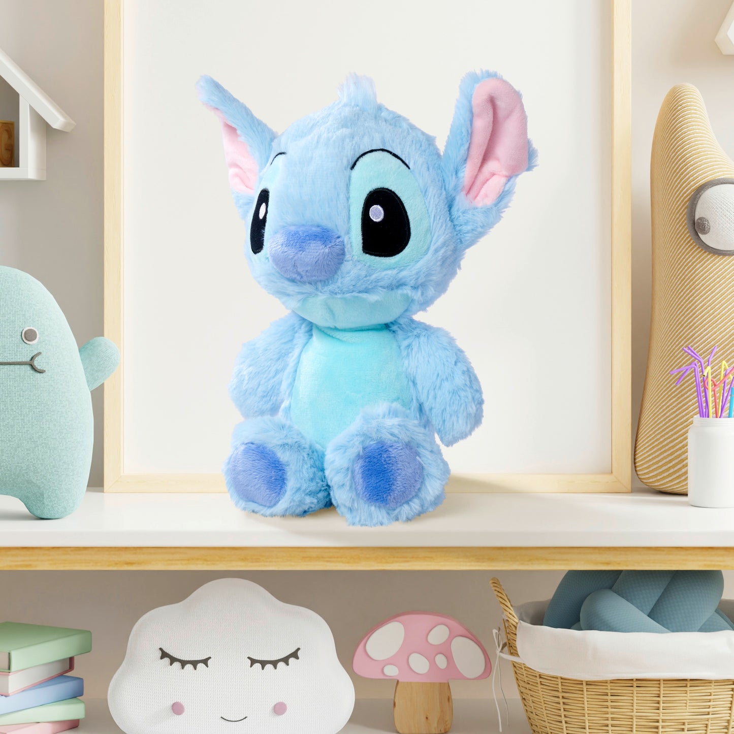 Disney Stitch 25cm plush toy in flopsie style, cute soft toy pastel blue colour, suitable for kids and adults, and treat, officially licensed by Disney