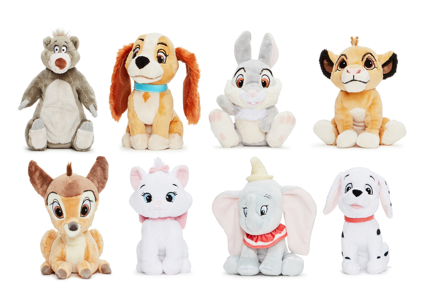 Disney Classic Animals Small Soft Toy Collection :Baloo 15cm, Lady 14cm, Thumper 16cm, Simba 15cm, Bambi 15cm, Marie 15cm, Dumbo 17cm, Dalmation 15cm. (8 Pieces)