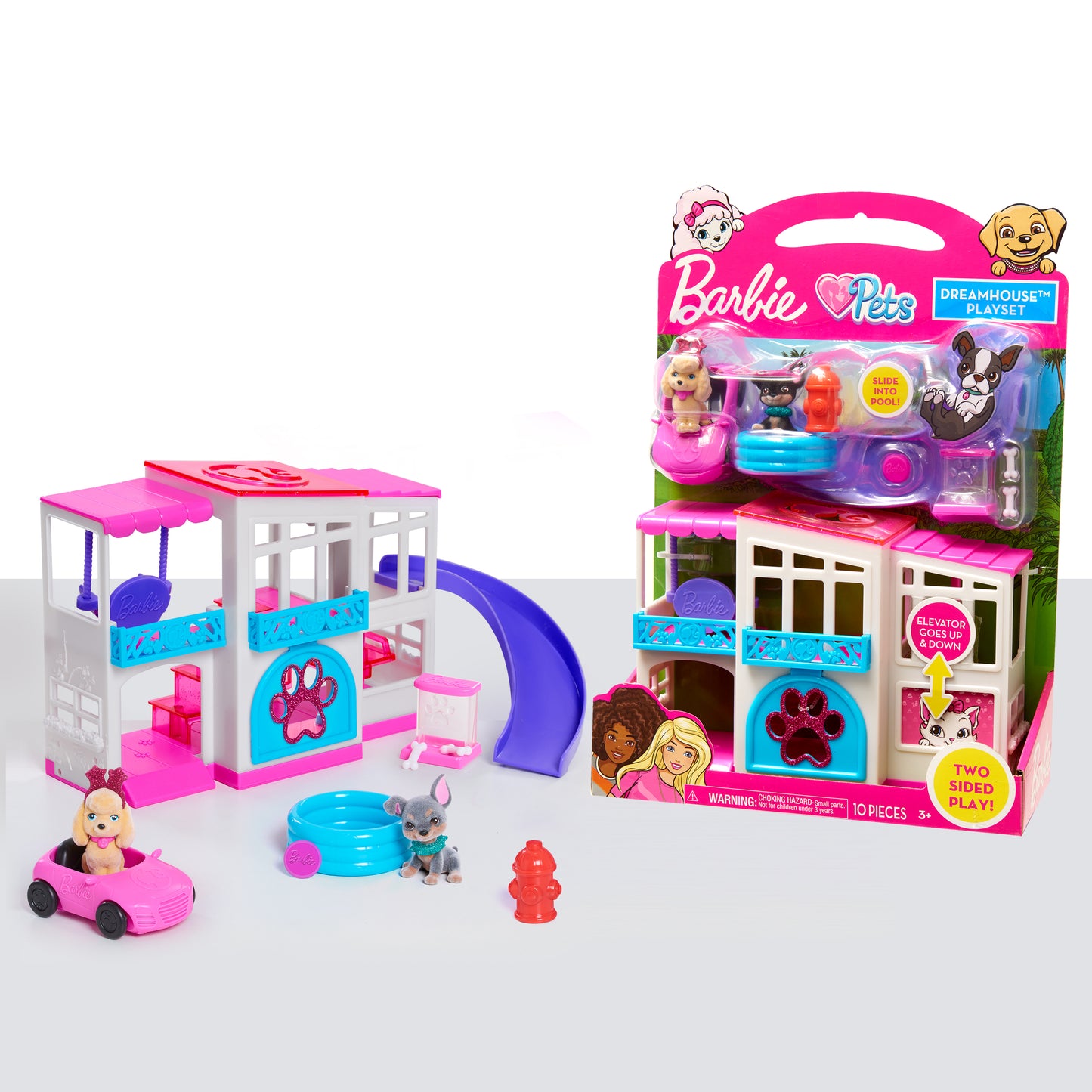 Barbie Pet Dreamhouse 2-Sided Playset, 10-pieces Include Pets and Accessories, Kids Toys for Ages 3 Up