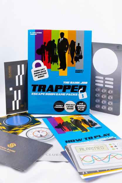 Escape Room Game - Trapped Bank Job. Solve the puzzles & clues to escape the room. Up to 6 Players, Age 8+ Family games.